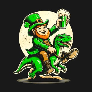 Irish Fantasy: Leprechaun Astride T-Rex Celebration Shirt for St. Patrick's T-Shirt