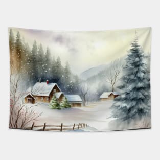 Chritsmas Snow Winter Watercolor Landscapes series 7 Tapestry