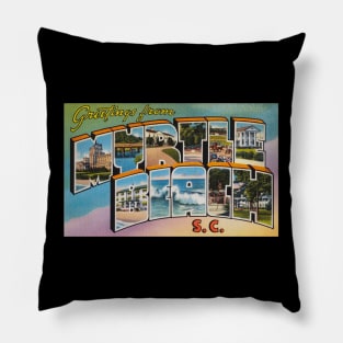 Greetings from Myrtle Beach, South Carolina. This digitally restored 1930's era vintage postcard is perfect gift for the Myrtle Beach, SC lover and features many historic landmarks Pillow