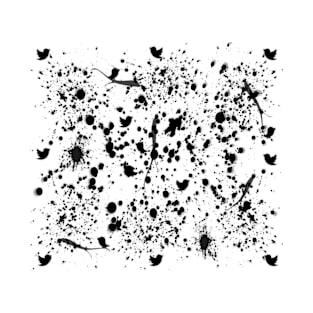 Black and White Pattern Paint Splats, Birds, Twigs T-Shirt