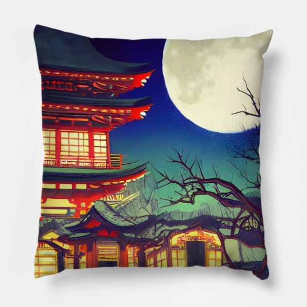 Time Traveller In the Woods with Japanese Moonlight Scenery Pillow by DaysuCollege
