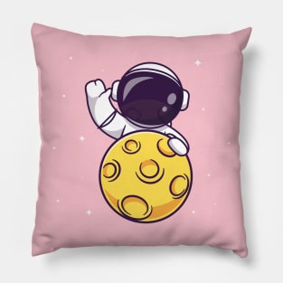 Cute Astronaut Waving Hand On Moon Cartoon Pillow