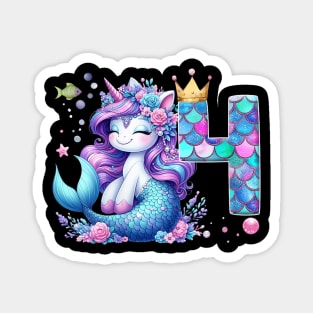 Womens Cute Unicorn Mermaid 4Th Birthday Party 4 Years Old Kids Magnet