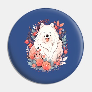 Samoyed Dog Red Flowers Pin