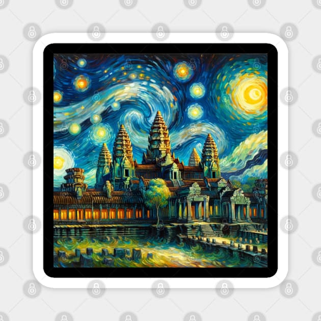 Angkor Wat Cambodia Starry Night - Beautiful Iconic Places Magnet by Edd Paint Something