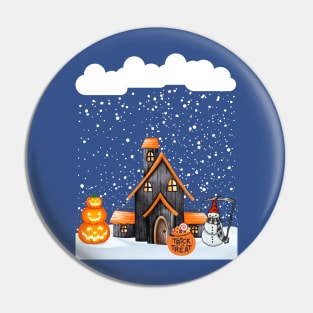 Creepy snowman spooky hut lots of snowflakes snow pumpkin Halloween Pin