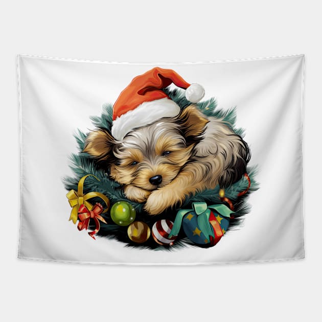 Lazy Yorkshire Terrier Dog at Christmas Tapestry by Chromatic Fusion Studio