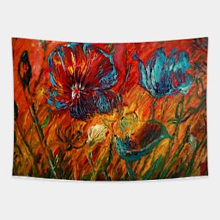 A Field of Red, Blue and White Poppies Tapestry