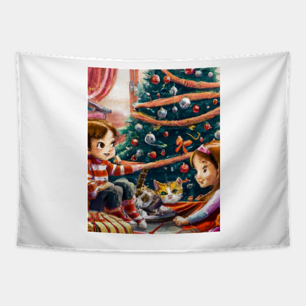 Jealous Kitty on Christmas Morning Tapestry by JohnCorney