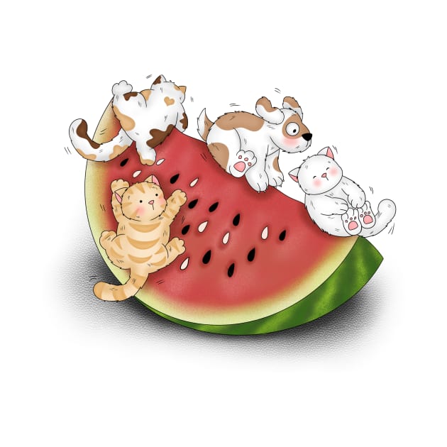 Cute Cats And Dogs Slide On Watermelon by Athikan