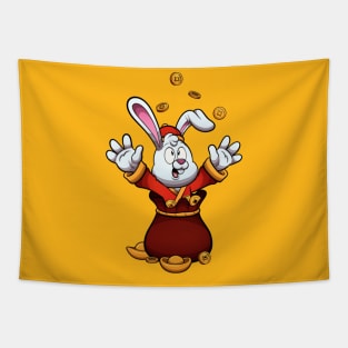 Cute Chinese Rabbit Throwing Gold Coins Tapestry