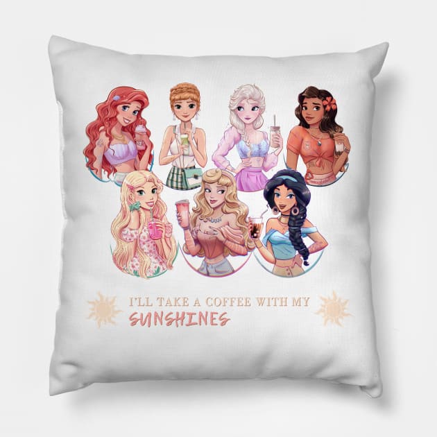Modern Princesses with Drinks - “I’ll take a coffee with my sunshines” Pillow by Amadeadraws