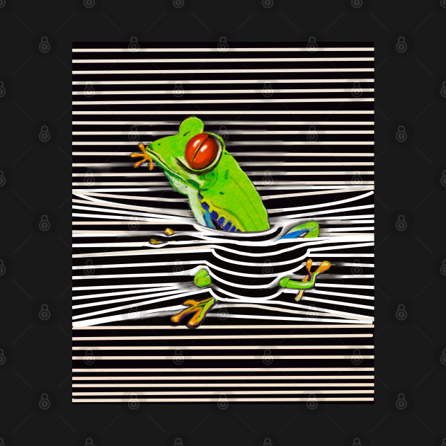 Frog Green Red eyed tree frog emerging from stripes rain forest science fiction gift Lizard dragon zoology by Artonmytee