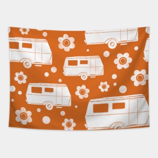 Vintage Caravan block print in orange and white Tapestry