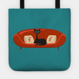 Mid Century Cat Relaxing on a Red MCM Sofa Tote