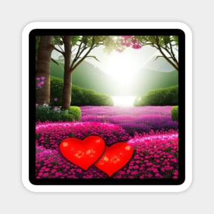 Valentine Wall Art - Hearts in a sunrise garden - Unique Valentine Fantasy Planet Landsape - Photo print, canvas, artboard print, Canvas Print and T shirt Magnet