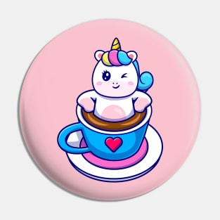 Cute Unicorn Relaxing In Coffee Cup Cartoon Pin