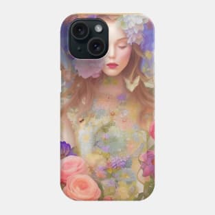 Art Deco style painting of flowers, roses and a pretty girl Phone Case