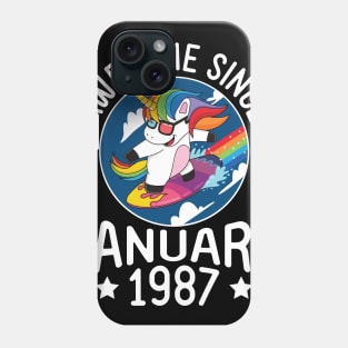 Unicorn Surfing Awesome Since January 1987 Happy Birthday 34 Years Old To Me Dad Mom Son Daughter Phone Case