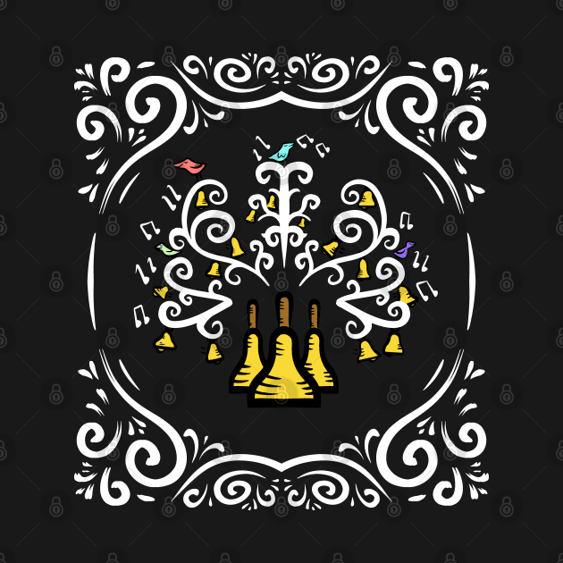 Three Handbells Tree Of Music White Swirl Art Nouveau Pattern by SubtleSplit