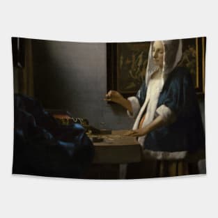 Woman Holding a Balance by Jan Vermeer Tapestry