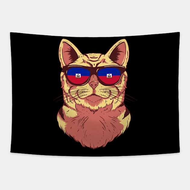 Haiti Flag Haitian Cat Sunglasses Funny Cat Lover Tapestry by Boneworkshop