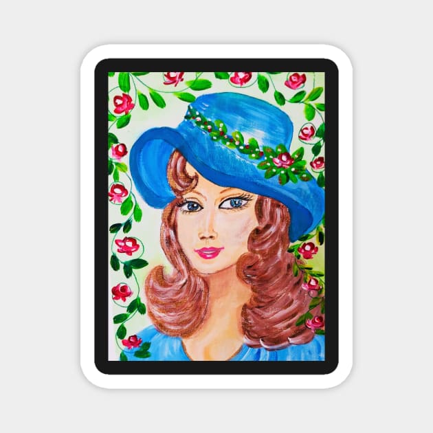 Lady in blue hat Magnet by RuslanaART