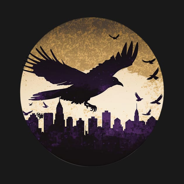 Raven over Baltimore Skyline T-Shirt: A Striking Cutout Tribute in Purple, Black, and Gold by 20th Century Tees