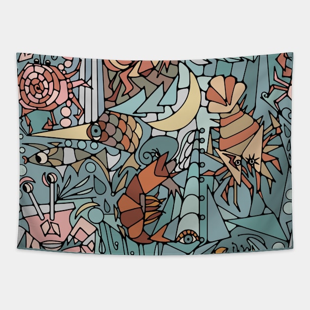 Cubist Crustacean Critters Tapestry by Slightly Unhinged