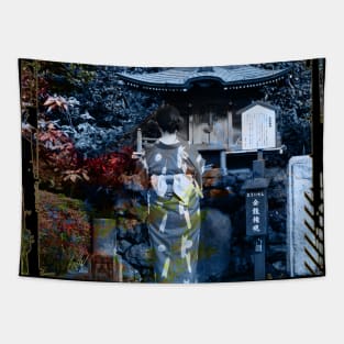 Japan Geisha Pagoda Cherry Blossoms Collage Art 98 Tapestry