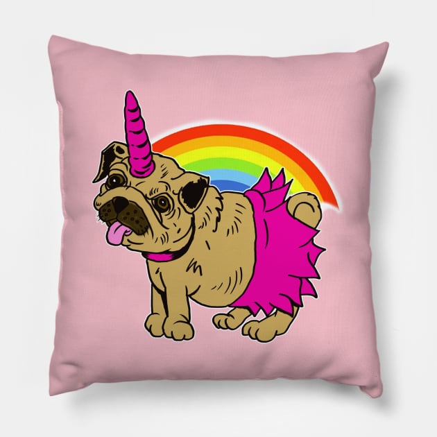 Puggycorn Pug Dog Unicorn in Tutu on Rainbow Pillow by silentrob668