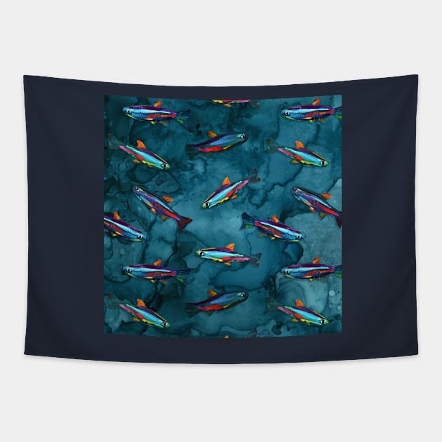 Inky Blue NEON TETRA Pattern by Robert Phelps Tapestry by RobertPhelpsArt