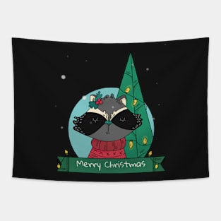 Merry Christmas Raccoon Tapestry