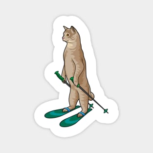 Cat as Skier with Ski & Ski poles Magnet