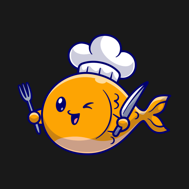 Cute Fish Chef With Fork And Knife Cartoon by Catalyst Labs