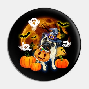 Pug Witch Pumpkin Ghost Halloween Costume Pin