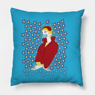 Woman in red with mask Pillow