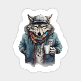 Wolf wearing a jacket holding a cup coffee Magnet