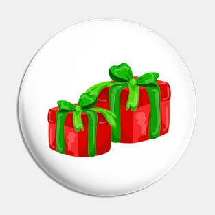 A red gift with a  green ribbon and a bow Pin