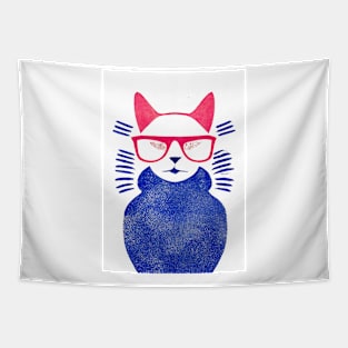 Pink Blue Hipster Cat Retro Poster Vintage Art Cat Wall Blue Pink Illustration Tapestry