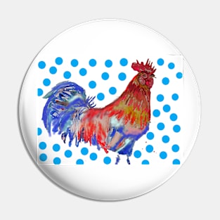 Rooster Watercolor Painting with Blue Polka Dots Pin