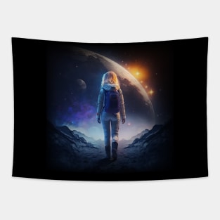 Walking at the moon Blonde girl space galaxy theme Tapestry