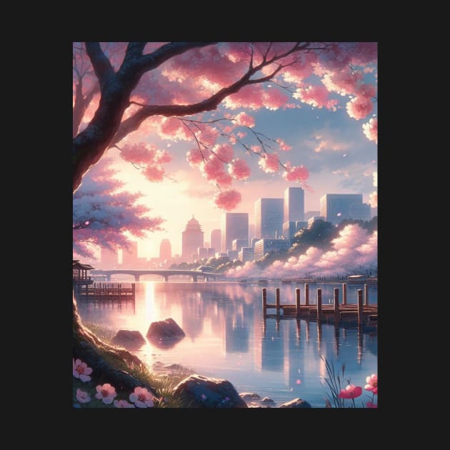 Cherry Blossom and Lake - Anime Drawing by AnimeVision