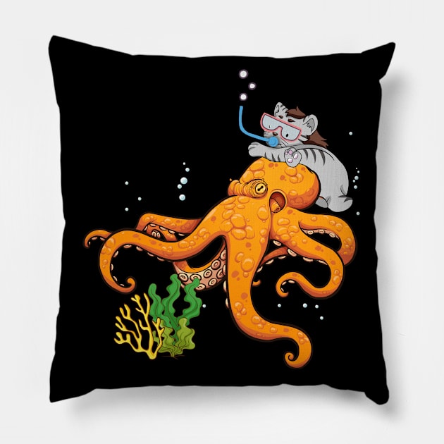 Funny Cat Riding Octopus Gift For Anyone Who Loves Cat And Octopus Animal And Snorkeling Water Sports Pillow by paynegabriel