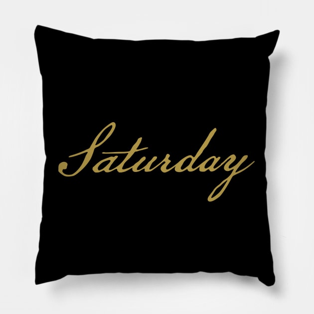 Saturday Gold Script Typography Pillow by ellenhenryart