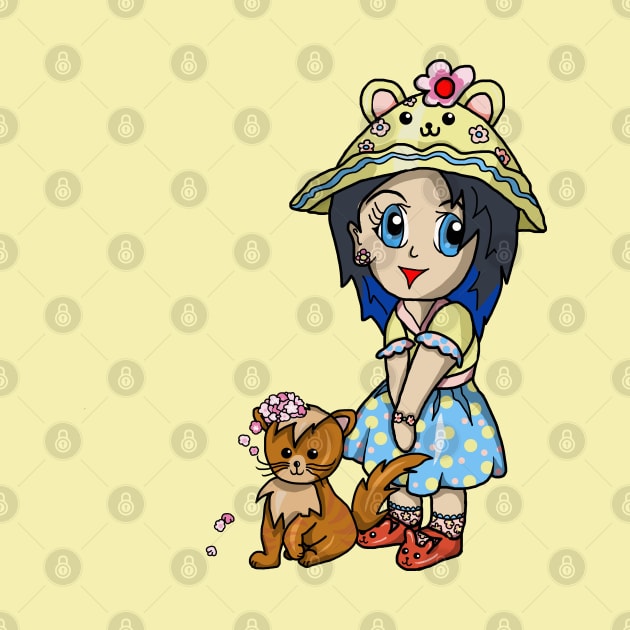 A cute cartoon girl with her cat and pink flowers by cuisinecat