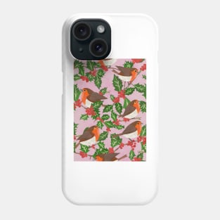 Paper cut robins in a holly tree repeat pattern Phone Case