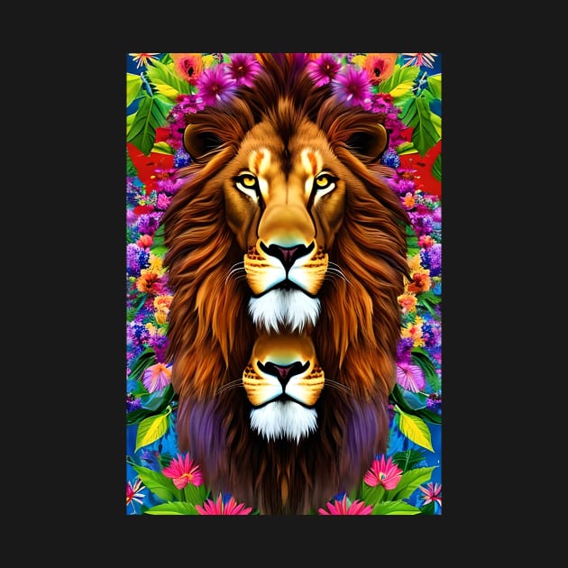 Colorful Lion with flowers surrealist impressionist style Chambala paradise by hclara23