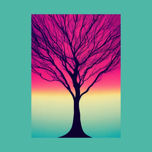 Lonely Tree Under a Pink Midnight Sky - Vibrant Colored Whimsical - Abstract Minimalist Bright Colorful Nature Poster Art of a Leafless Branches by JensenArtCo