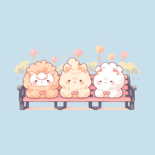 Bench Buddies: Three Llamas Embracing Cuteness in Kawaii Style T-Shirt